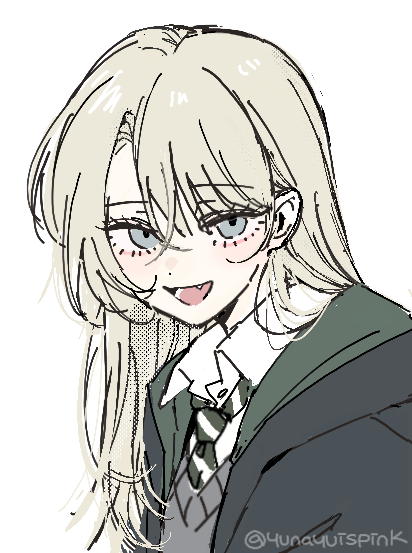Malfoy as a girl, grinning, in Slytherin robes and tie. Art by @yunayuispink.